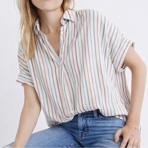 Madewell Striped Short Sleeve Popover Top Size Small Cotton Button Front Blouse